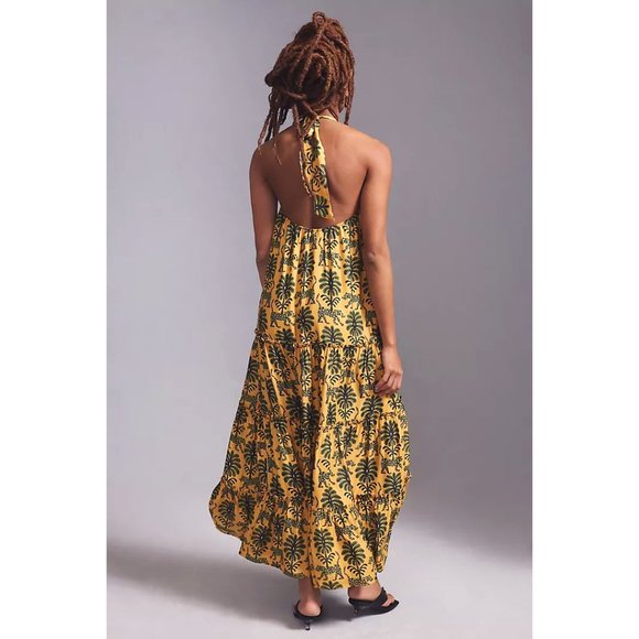 Anthropologie Farm Rio Jungle Tiger & Leaves Paisley Tiered Satin Halter Dress - Picture 3 of 5